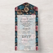 ピンクアクアガーリーシャンパーニュ金ゴールドバラ オールインワン招待状 (内側)