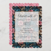 ピンクアクアガーリーシャンパーニュ金ゴールドバラ 招待状 (正面/裏面)