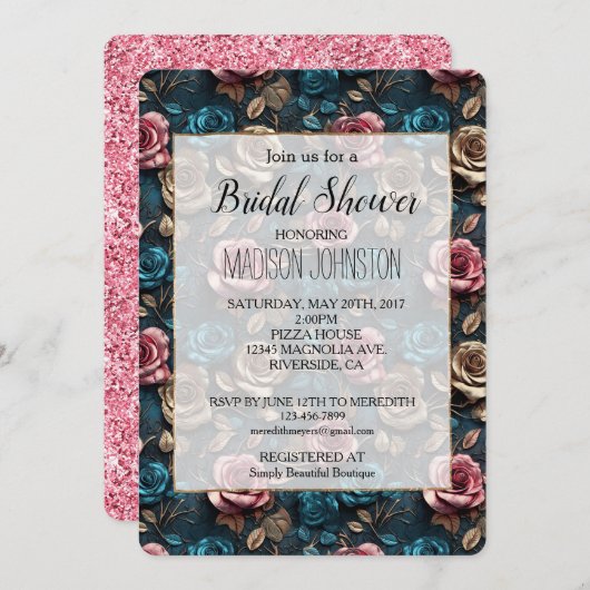 ピンクアクアガーリーシャンパーニュ金ゴールドバラ 招待状 (正面/裏面)