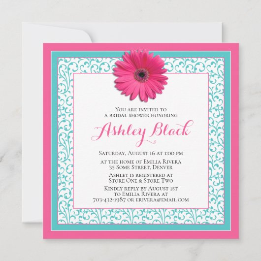 ピンクアクアゲルベラデイジーブライダルシャワー招待 招待状 (裏面)