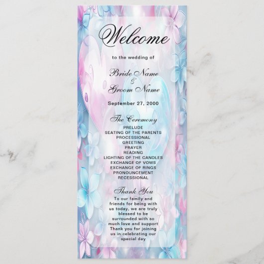 ピンクアクアハートとフラワーズ結婚式 プログラム (正面)