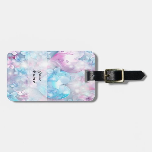 ピンクアクアハートとフラワーラゲージタグ ラゲッジタグ (正面横)