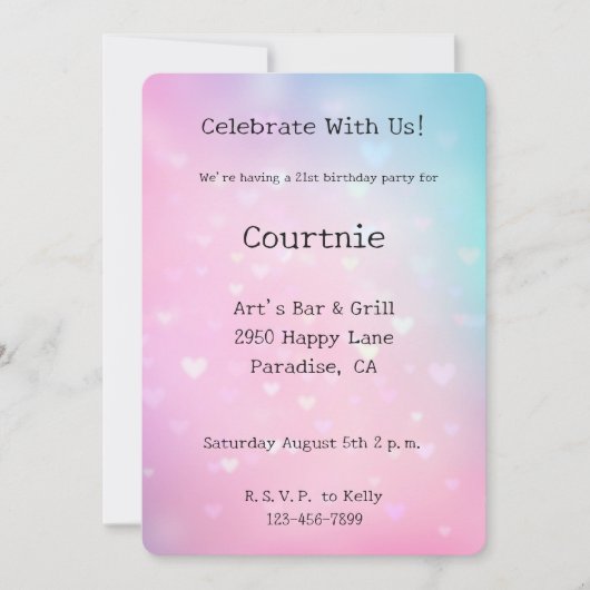 ピンクアクアハート誕生日 招待状 (正面)