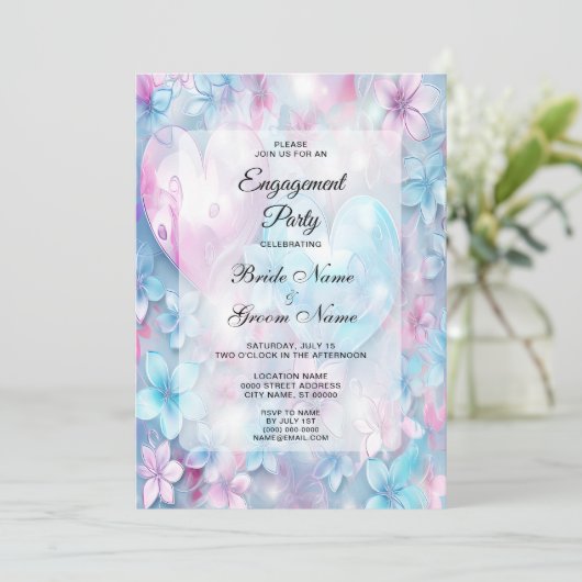 ピンクアクアハート&フラワーエンゲージメント招待状 招待状 (スタンド正面)