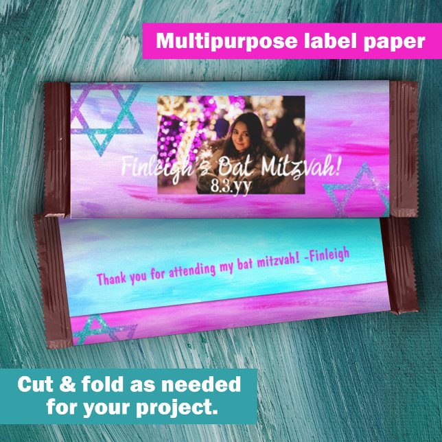 ピンクアクアバジェットバルミツワーキャンディバーラッパー (Hot pink, violet, turquoise, cyan bat mitzvah personalized chocolate bar wrapper DIY cheap low cost)