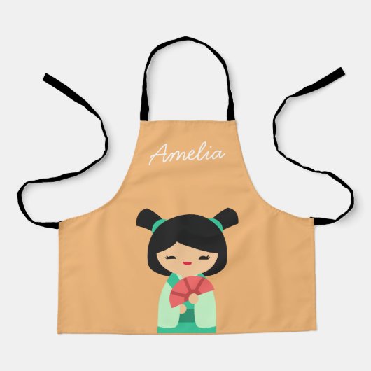 ピンクアクアピーチこけし日本の人形 エプロン (正面)