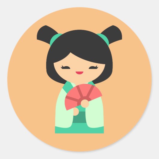 ピンクアクアピーチこけし日本の人形 ラウンドシール (正面)