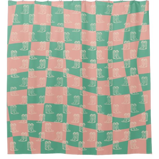 ピンクアクアレトロモダン西カウボーブーツ シャワーカーテン (正面)
