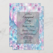 ピンクアクア ハートとフラワーのエンゲージメント 招待状 (正面/裏面)
