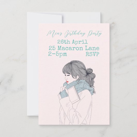 ピンクアクイ10代のトゥイーンガールの誕生日パーティー 招待状 (正面)