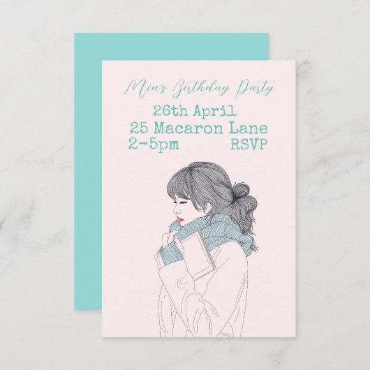 ピンクアクイ10代のトゥイーンガールの誕生日パーティー 招待状 (正面/裏面)