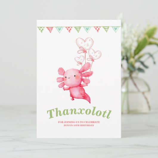 ピンクアクソロトルおもしろい子供の誕生日パーティー サンキューカード (スタンド正面)