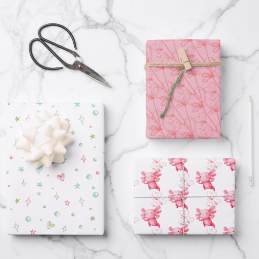 ピンクアクソロトル誕生日パーティー ラッピングペーパーシート (正面)