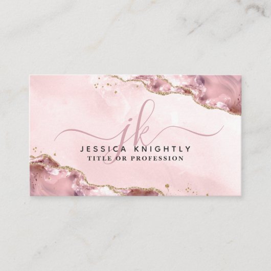 ピンクアゲートスクリプトモノグラム金ゴールドグリッターQR 名刺 (正面)