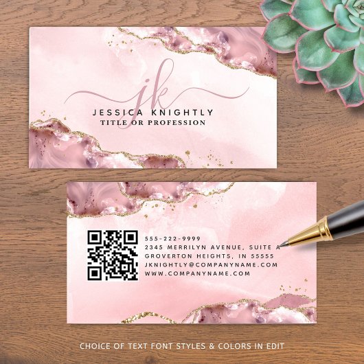 ピンクアゲートスクリプトモノグラム金ゴールドグリッターQR 名刺