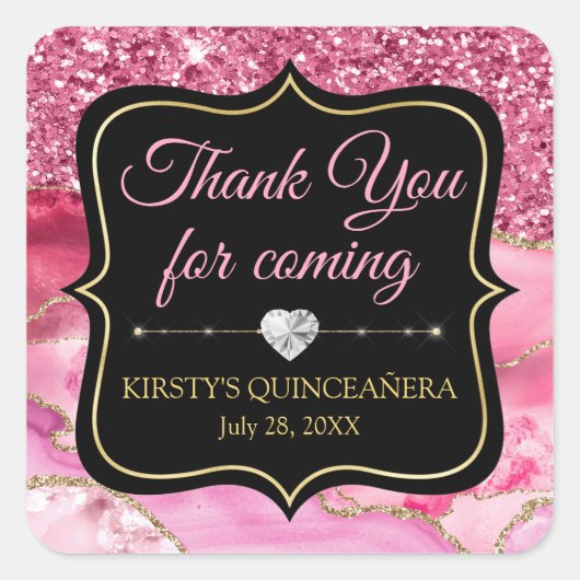 ピンクアゲートヘードスライス&金ゴールドグリッターキンセアニラ スクエアシール (正面)