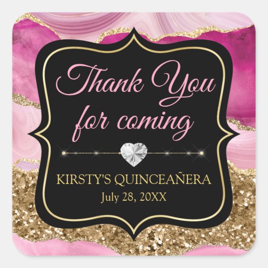 ピンクアゲートヘードスライス&金ゴールドグリッターキンセアニラ スクエアシール (正面)