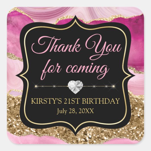 ピンクアゲートヘードスライス&金ゴールドグリッター誕生日 スクエアシール (正面)