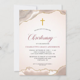 ピンクアゲート金ゴールドグリッタースクリプトベビーガールバプテスマ 招待状