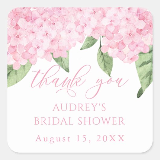 ピンクアジサイありがとうカスタマイズされたブライダルシャワー スクエアシール (正面)