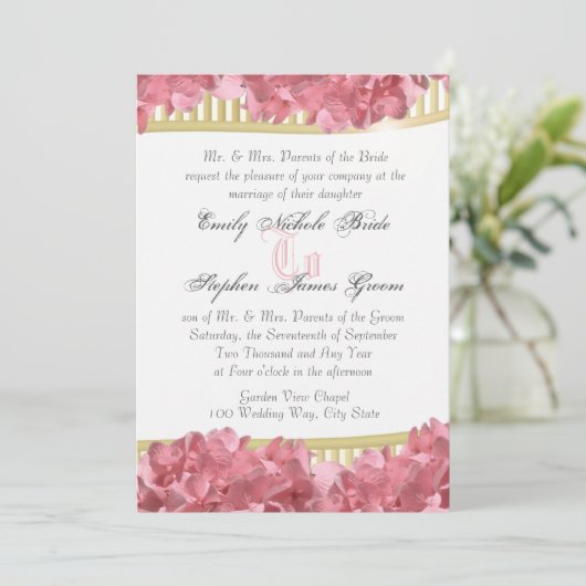 ピンクアジサイと金ゴールドストライプ 招待状 (スタンド正面)