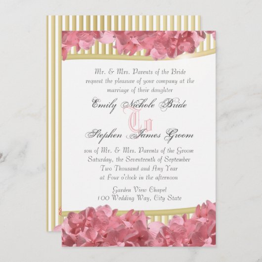 ピンクアジサイと金ゴールドストライプ 招待状 (正面/裏面)