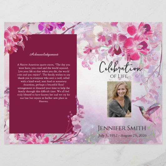 ピンクアジサイのハミングバード葬儀プログラム チラシ (正面)