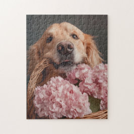 ピンクアジサイのバスケット付きゴールデンレトリバー ジグソーパズル