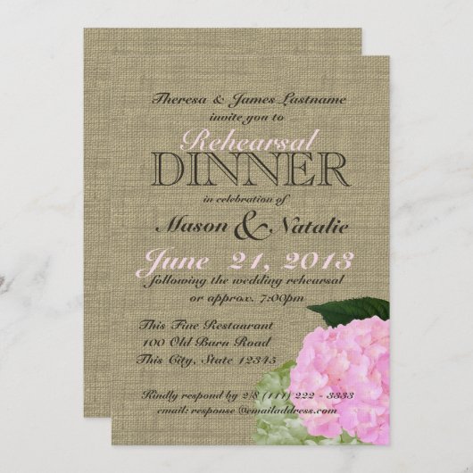 ピンクアジサイのリハーサルディナー5x7 招待状 (正面/裏面)