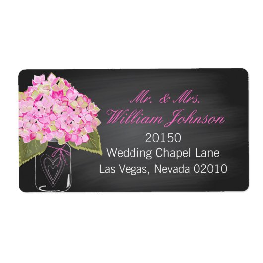 ピンクアジサイの瓶チョーク結婚ボードラベル ラベル (正面)