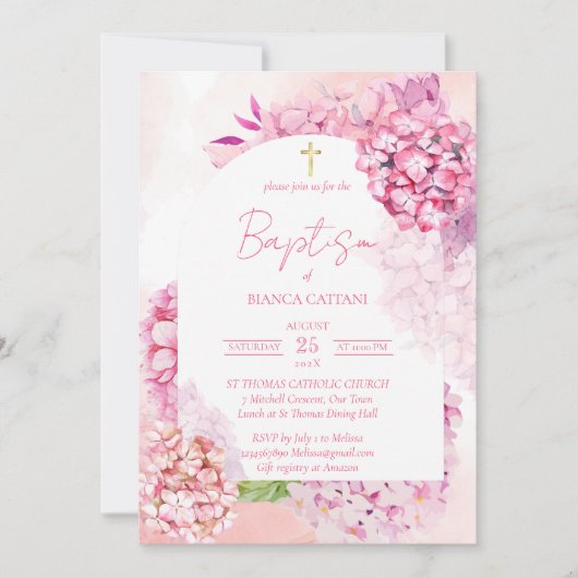 ピンクアジサイエレガントフローラアーチ洗礼 招待状 (正面)