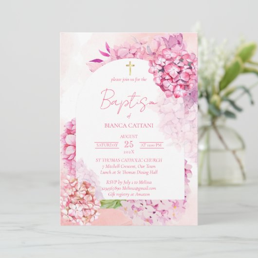 ピンクアジサイエレガントフローラアーチ洗礼 招待状 (スタンド正面)