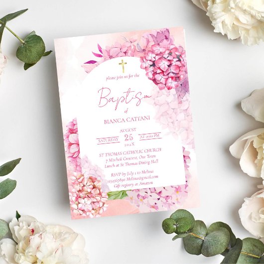 ピンクアジサイエレガントフローラアーチ洗礼 招待状