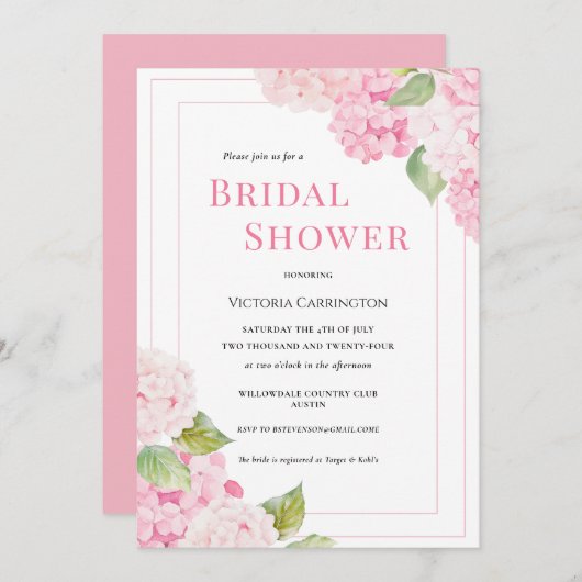 ピンクアジサイフローラブライダルシャワー 招待状 (正面/裏面)