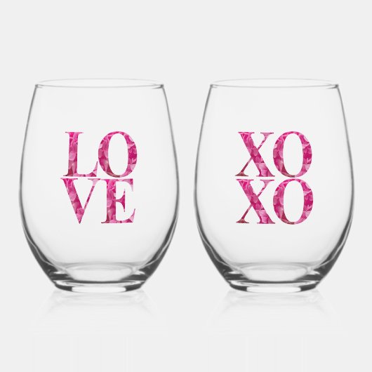 ピンクアジサイフローラレタリングラブ， XOXOカップル ステムなしワイングラス (正面)