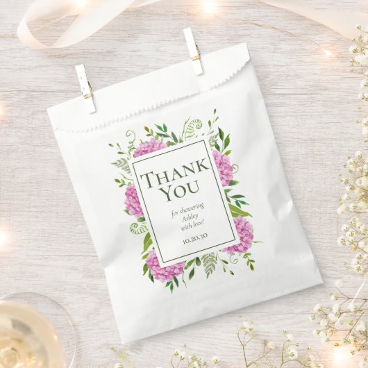 ピンクアジサイ女の子ベビーシャワーありがとう フェイバーバッグ (クリップ留めされた状態)