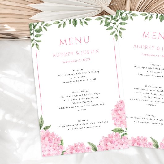 ピンクアジサイ枠縁飾りウエディングペーパーメニュー チラシ