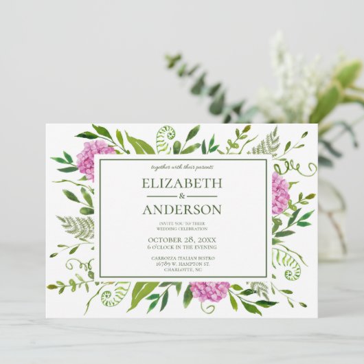 ピンクアジサイ結婚ズお祝い 招待状 (スタンド正面)