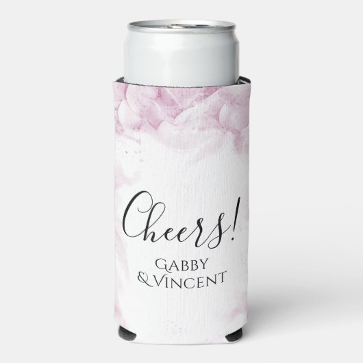 ピンクアジサイ花ウォーターカラー結婚式の引き出物 スリム缶クーラー (Seltzer正面)