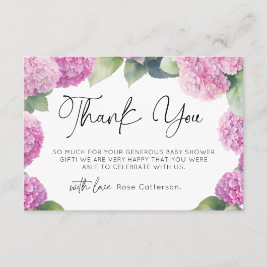 ピンクアジサイ赤ちゃんシャワーありがとう エンクロージャーカード (正面)