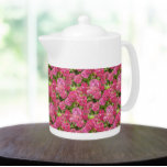 ピンクアジサイ開花花柄<br><div class="desc">ピンクアジサイの開花の写真を繰り返し模様にプリントした蓋付き白色セラミックティーポット。素敵なフローラデザイン!</div>