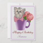 ピンクアジサイ&ヨークシャーテリア誕生日 案内状 (正面)