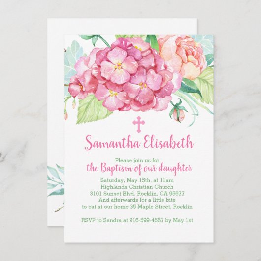 ピンクアジサイ&牡丹ガールバプテスマ 招待状 (正面/裏面)