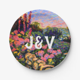 ピンクアジサイ、緑豊かな庭園&イニシャル ペーパープレート