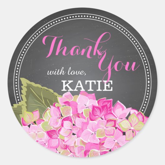 ピンクアジサイChalkboardありがとうステッカー ラウンドシール (正面)