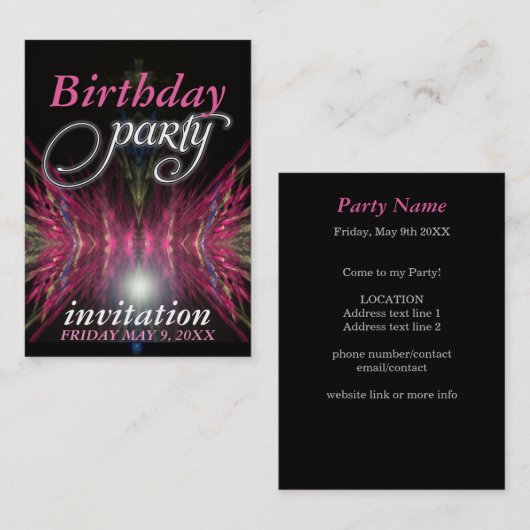 ピンクアステカの羽の誕生日パーティー招待カード 名刺 (正面/裏面)