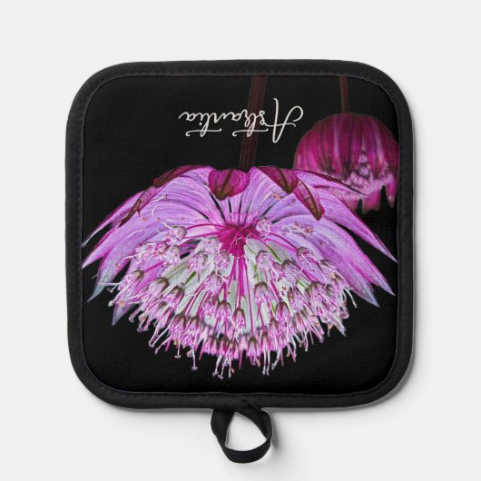 ピンクアストラアンティアフラワーオンブラックフローラ 鍋敷き (正面)