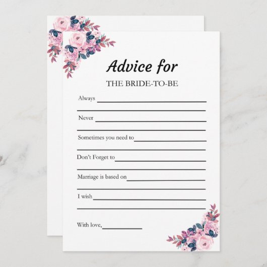 ピンクアドバイスの花嫁ブライダルシャワーゲームカード 招待状 (正面/裏面)