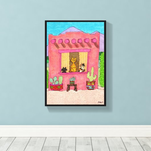 ピンクアドビハウスキュート猫タオスデザートサウスウェスト キャンバスプリント (インサイチュ (ウッドフロア))
