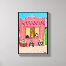 ピンクアドビハウスキュート猫タオスデザートサウスウェスト キャンバスプリント